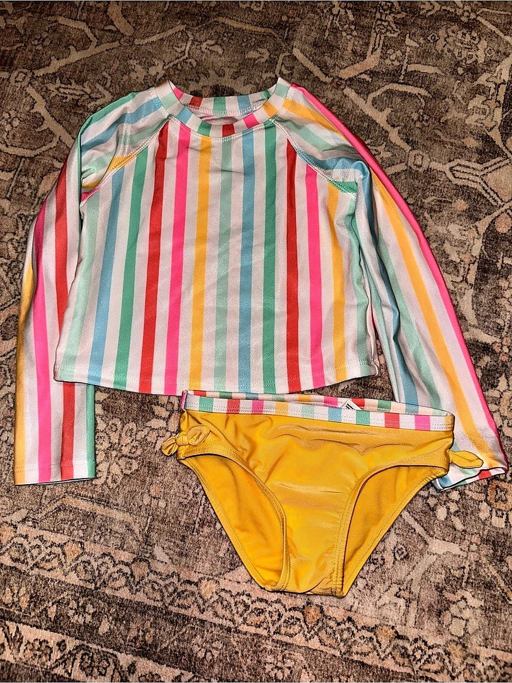 Wonder Nation Girls Rainbow Striped Long Sleeve Rash Guard and Bikini Bottoms